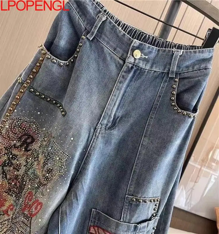 Elastic Waist Hot Diamond Jeans For Women 2026 Spring And Summer New Embroidered Denim Straight Loose Harem Daddy Pants