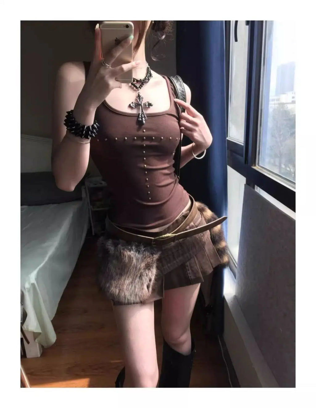 Brown Beading Vintage Clothing Y2k Tank Tops Women 2000s Clothes Fashion Sport Sleeveless T-shirt Slim Fitted Basic Tees