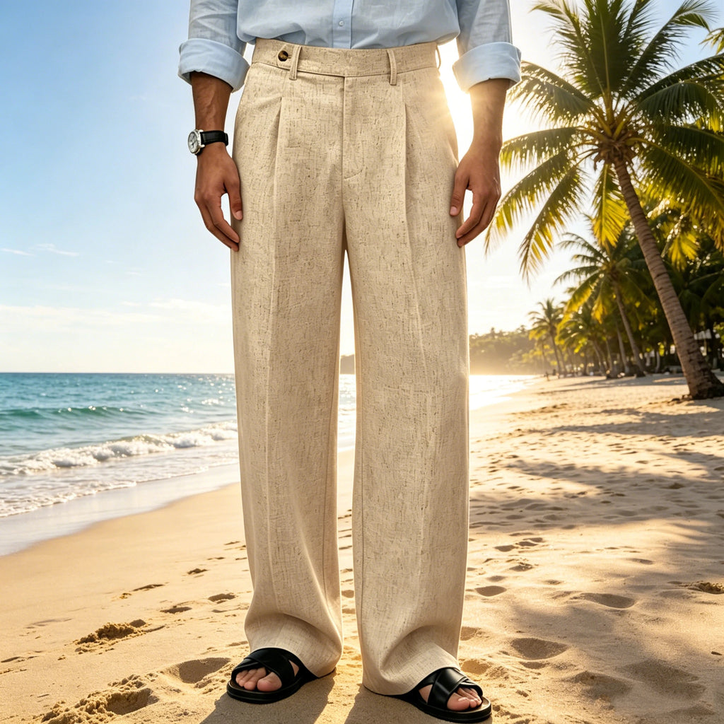 Men's Linen Wide Leg Pants High Waist Casual Loose Fit Straight Leg Suit Trousers Holiday Beach Daily Office Wear