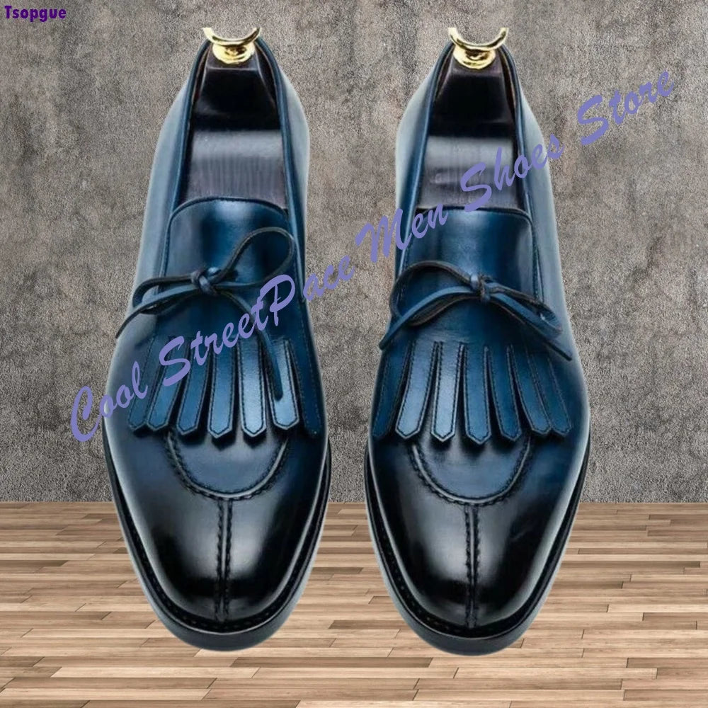 TASSEL KING - Fringe Patina Penny Loafers - Square Toe Drama, Zero Effort