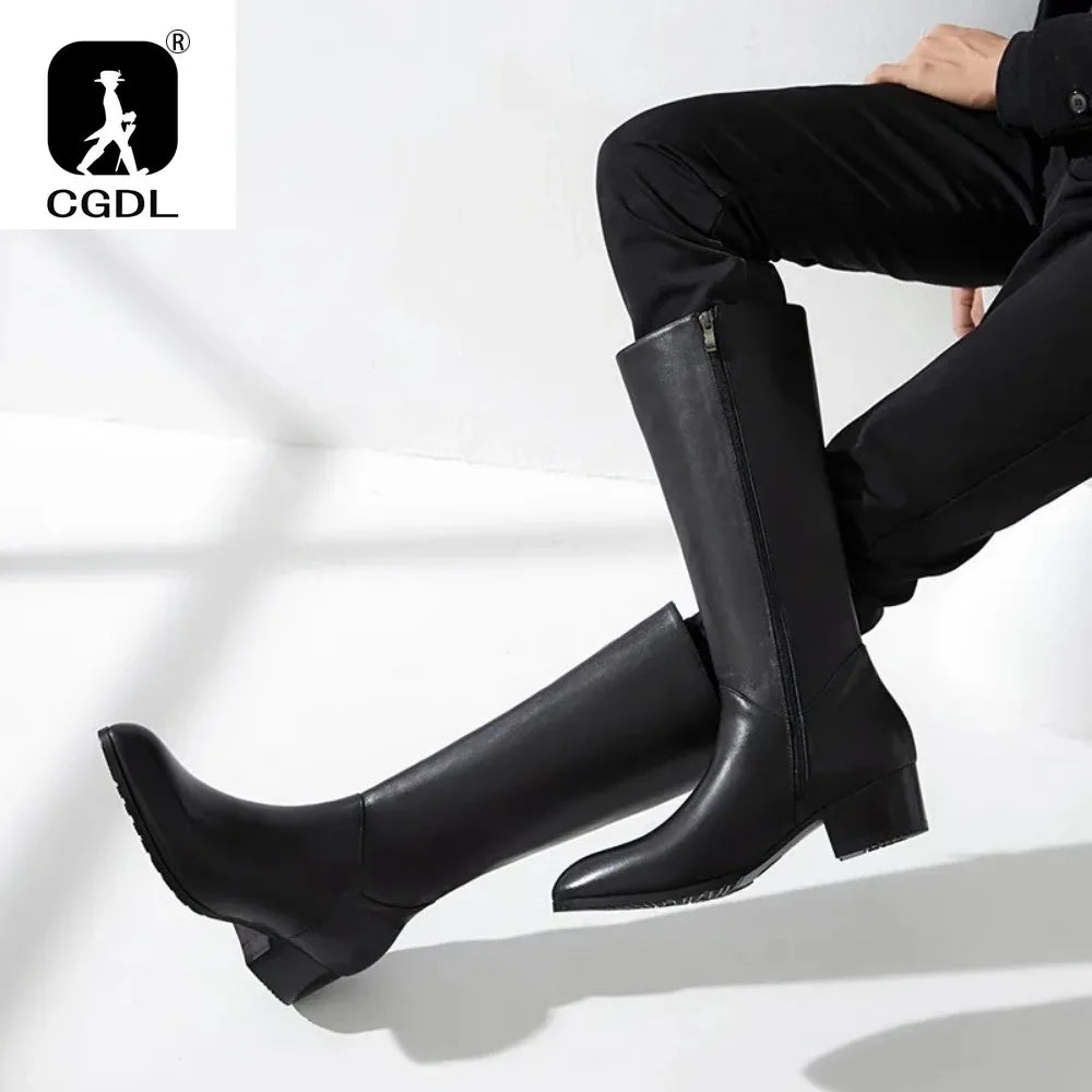 Men's Genuine Leather Knee-High Boots - Italian Retro Pointed Toe Lace-Up Winter Boots