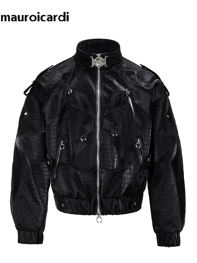 CROC EDGE - Men's Short Crocodile Print PU Leather Jacket - Black, S–XL