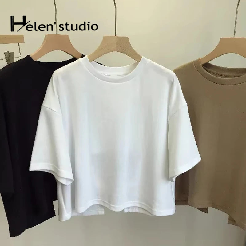 Summer Vintage Women's Short Sleeve Tee Korean Casual Backless Overside T-Shirt Round Neck Short-Sleeved Crop Tops Y2k Brown Top