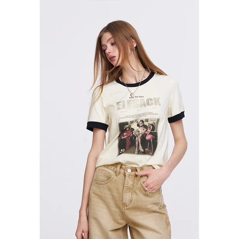 ELFSACK Women's Vintage Ringer T-Shirt with Photo Graphic Print, Retro Contrast Tee for Summer, Chic Aesthetic Short Sleeve Top