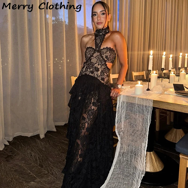 Sexy Lace Patchwork Dress Women Hollow Out Sleeveless Party Club Long Skirt See Through Halter Evening Gown Vacation Lady Robes