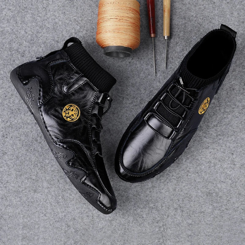 Men's Genuine Leather Ankle Boots - Elastic Band Round Toe Business Casual Handmade