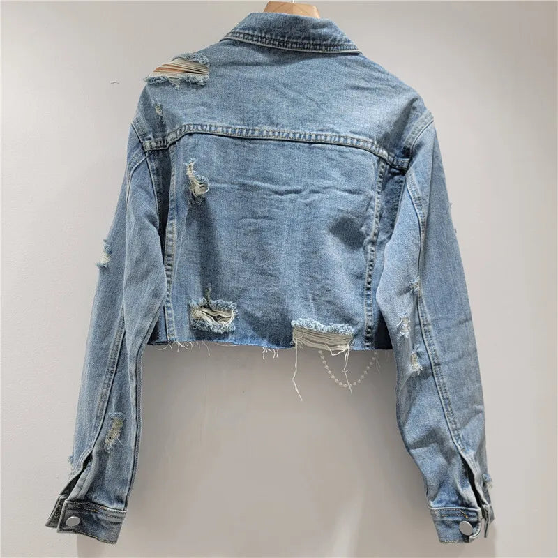 3D Flower Pearl Chain Denim Jacket – Trendy Lapel Long Sleeve