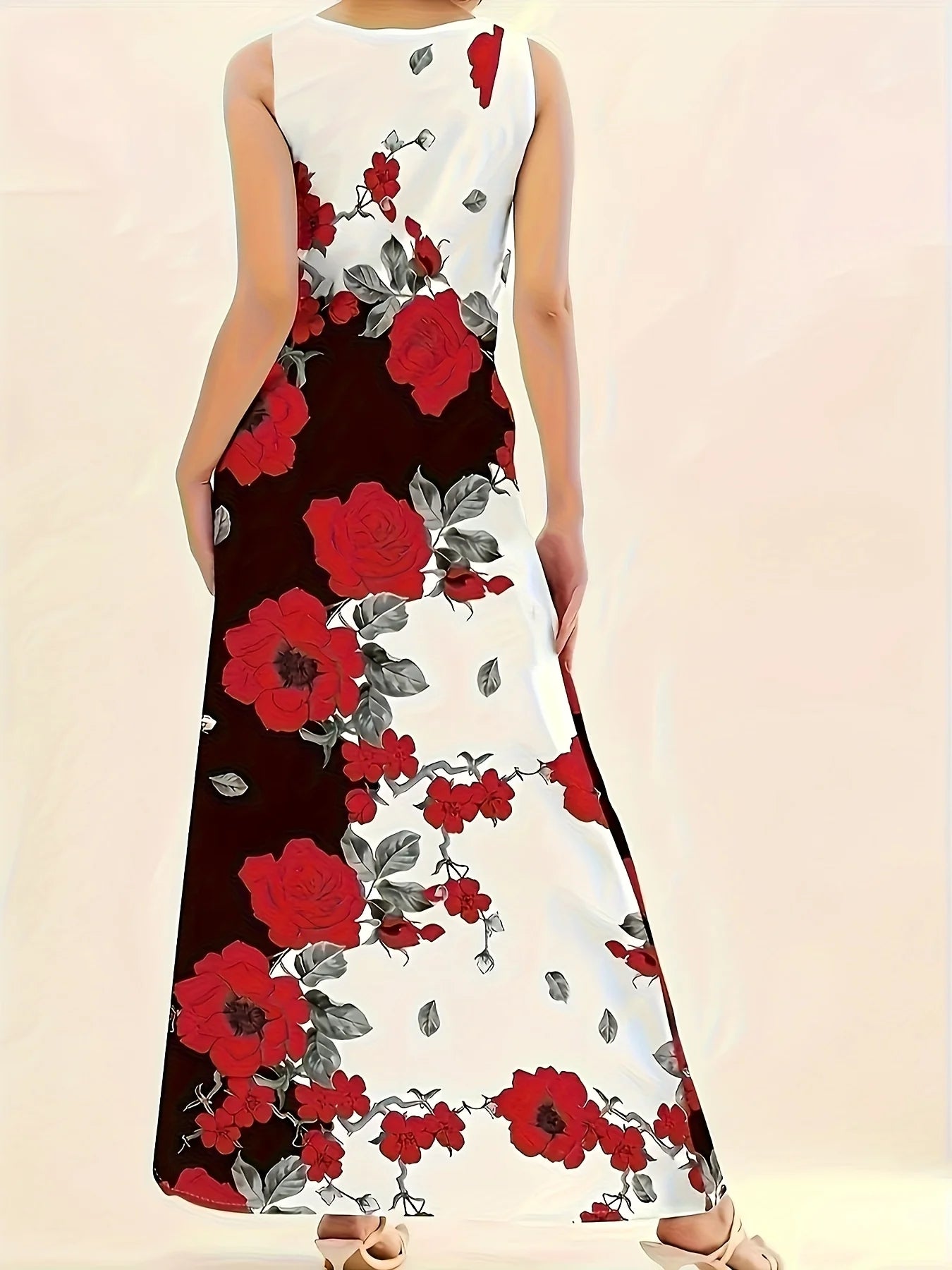 Large size European and American printed sleeveless temperament long dress for women, retro long dress