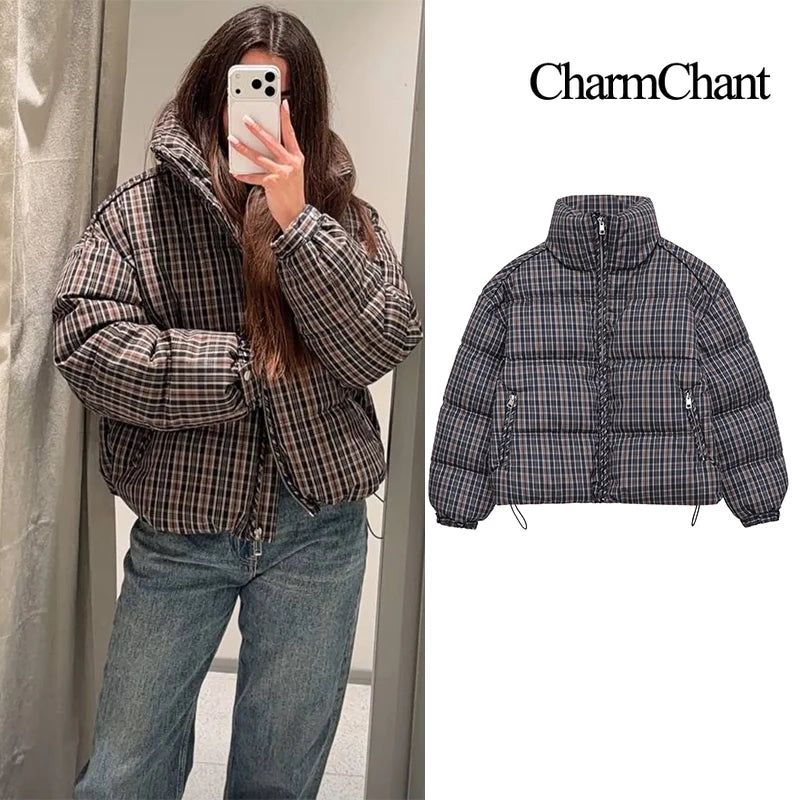 Plaid Puffer Jacket – Stand Collar Padded Coat