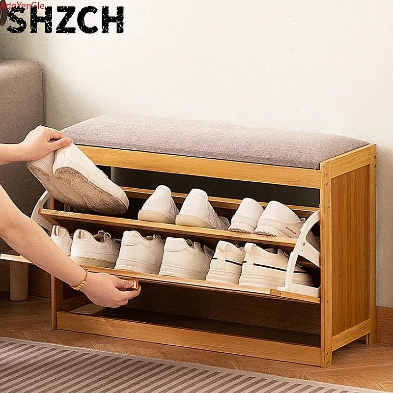 Bamboo Shoe Bench with Cushion
