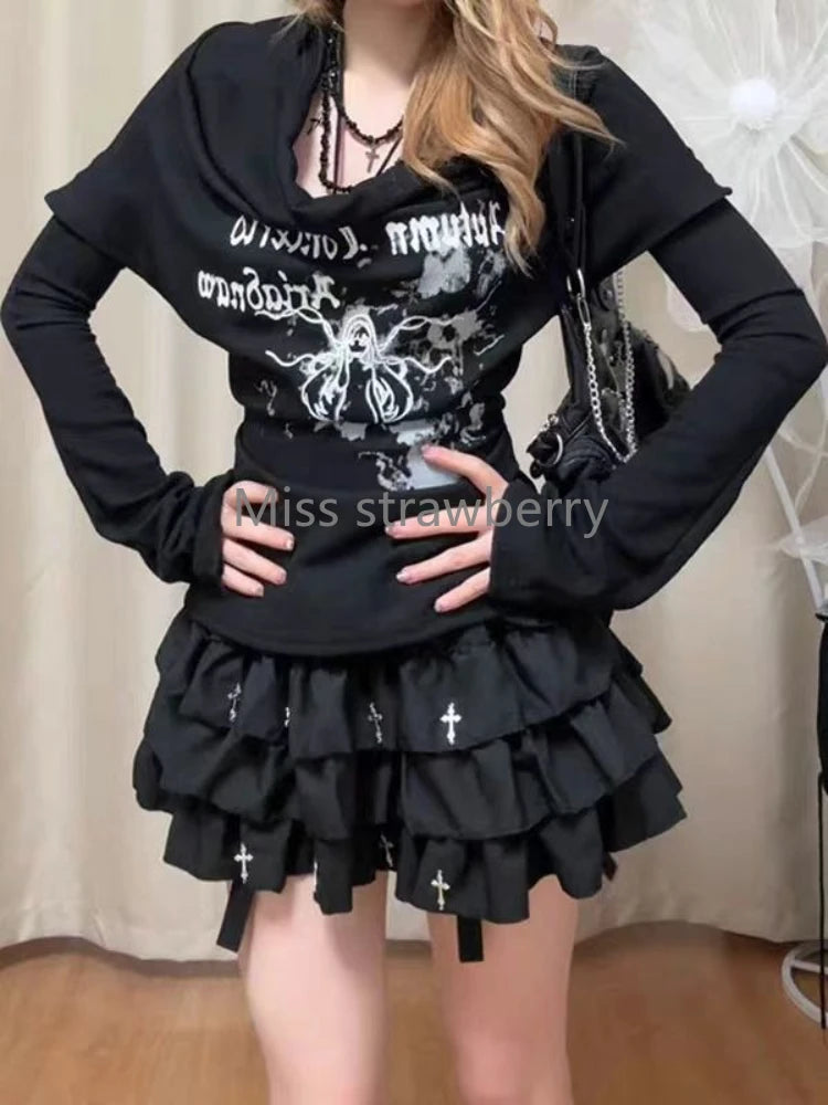 Summer Gothic Slim Black Print T-Shirts Women Hot Girl Y2k New Short Sleeve Tees Female High Street Retro Aesthetic Clothing