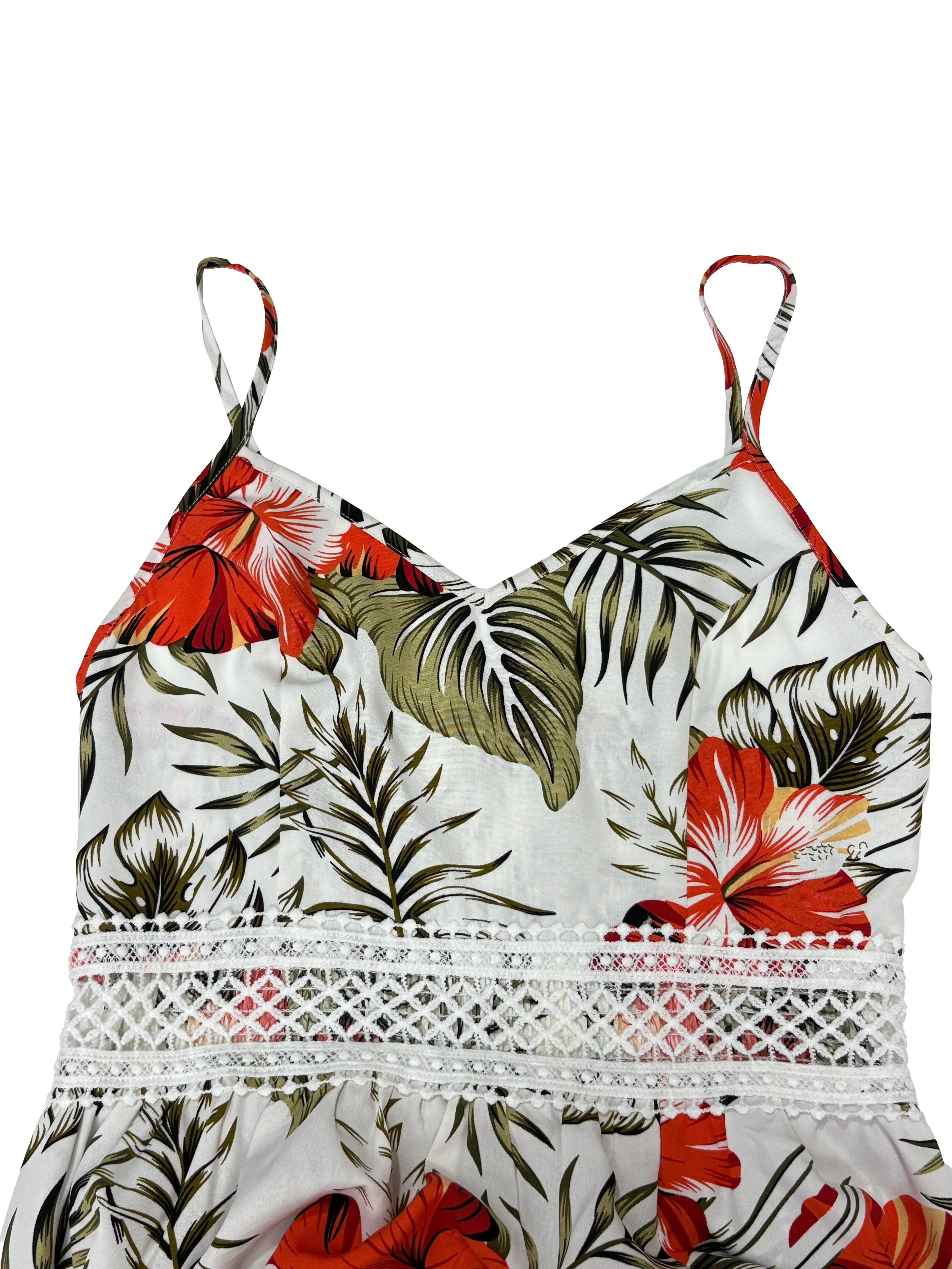 Women's Lace Patchwork Tropical Print Long Cami Dress, Elegant Slim-Fit Design, Perfect for Beach Vacation & Outing