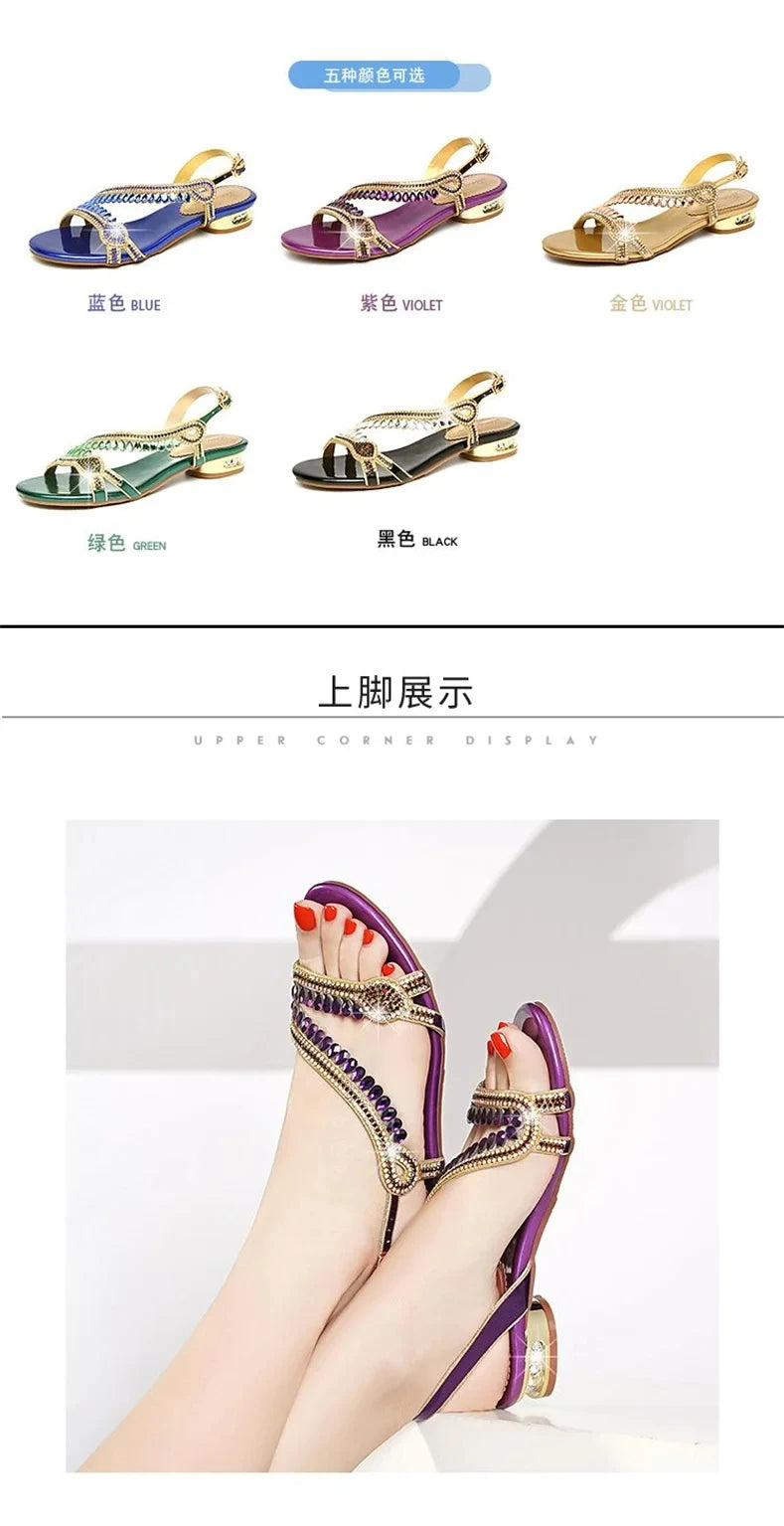 High-grade Rhinestones Fashion New Women's Summer Young Elegant Sandals Thick Heel Leisure Flat Bottomed Beach Sandals