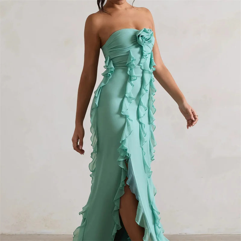 Mint green strapless 3D floral slit evening dress, fitted bodycon dress for dates, vacations, and parties
