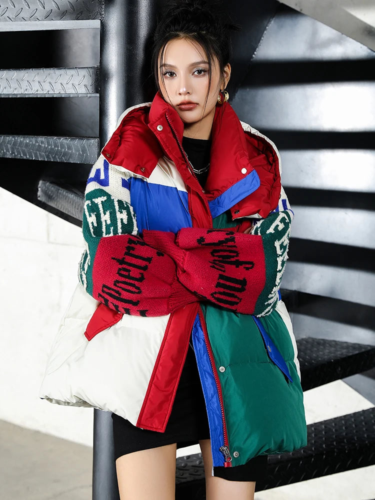 Letter Stitch Down Parka – Oversized Hooded Streetwear