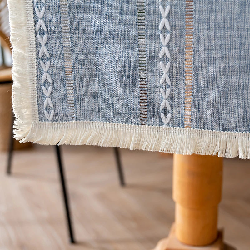 Farmhouse Table Runner Grey Blue 13x72 Inch Cotton Linen Embroidered Striped Boho Wedding Party Rustic Home Christmas Decoration