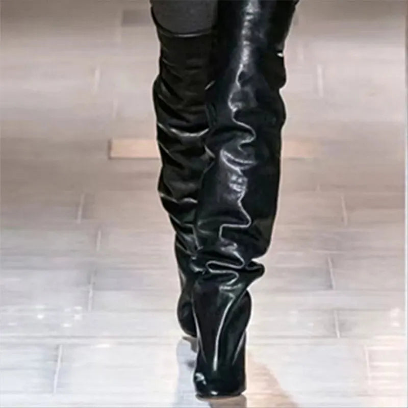 Thigh-High Pleated Boots – Fold Sleeve Stiletto Slip-On