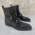 BRITISH NOIR - Men's Waterproof Patent Leather Lace-Up Boots - Handmade, Round Toe, Winter