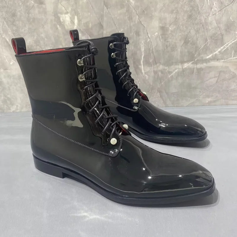 BRITISH NOIR - Men's Waterproof Patent Leather Lace-Up Boots - Handmade, Round Toe, Winter