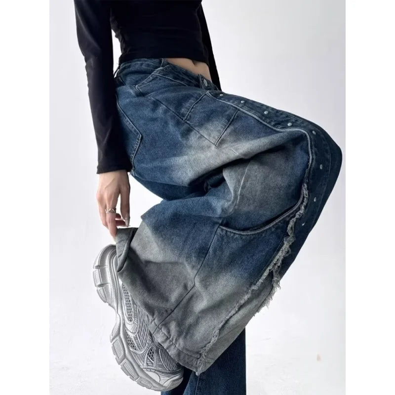Y2K Patchwork Baggy Wide Leg Jeans - Vintage Wash