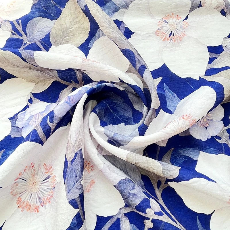 BLUE FLORAL COTTON-BLEND FABRIC - 150cm Wide, Continuous Length - Home Sewing