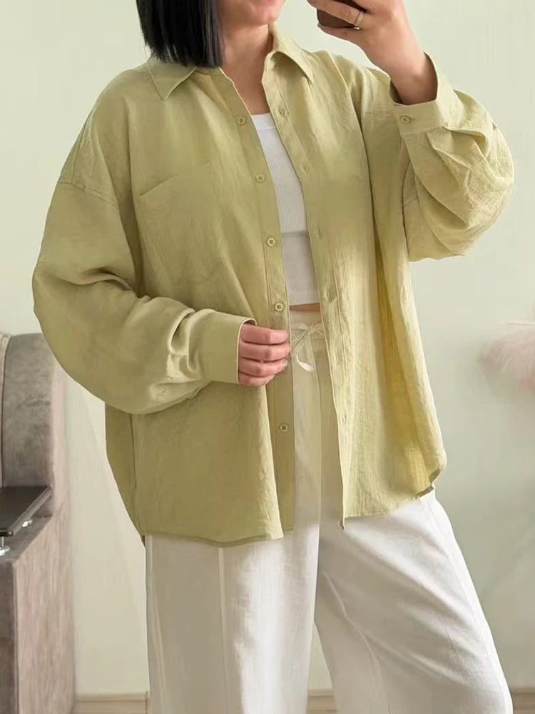 Streamgirl Summer White Linen Shirts For Women Oversized Long Sleeve Tops Lady Loose Basic Linen Tops Women Blue Shirts Oversize
