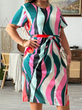 Plus Size Geometric Print Belted Dress, Elegant Crew Neck Cap Sleeve Dress For Spring & Summer, Women's Plus Size Clothing