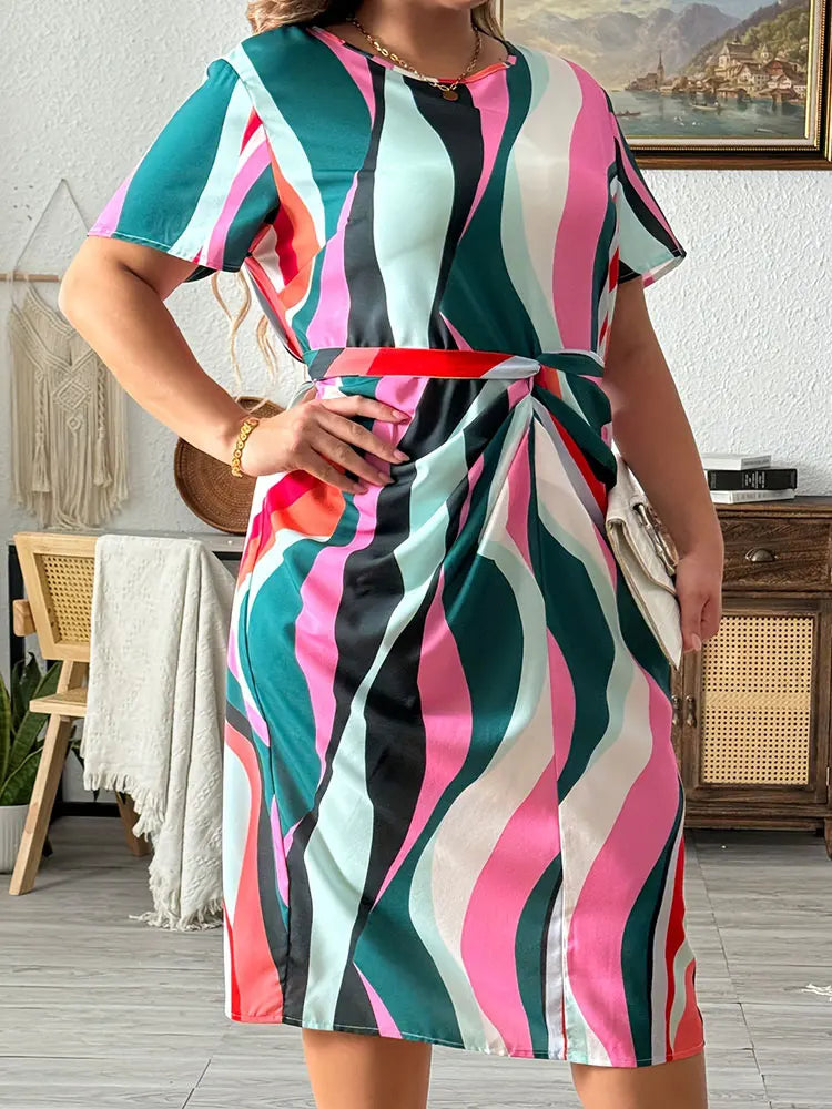 Plus Size Geometric Print Belted Dress, Elegant Crew Neck Cap Sleeve Dress For Spring & Summer, Women's Plus Size Clothing