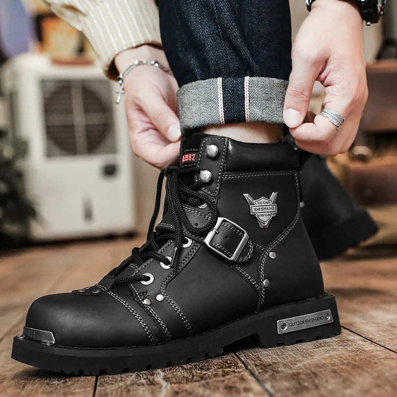 Men's Punk Rock Knight Boots Metal Rivets - Leather Motorcycle Winter EU 38-46