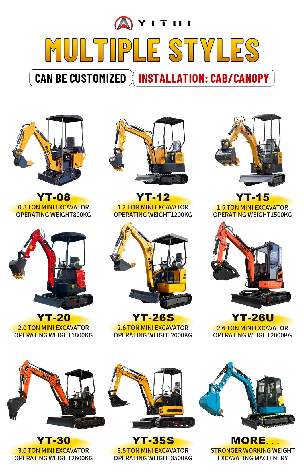 YITUI Mini Excavator - YT08-YT26 - Kubota