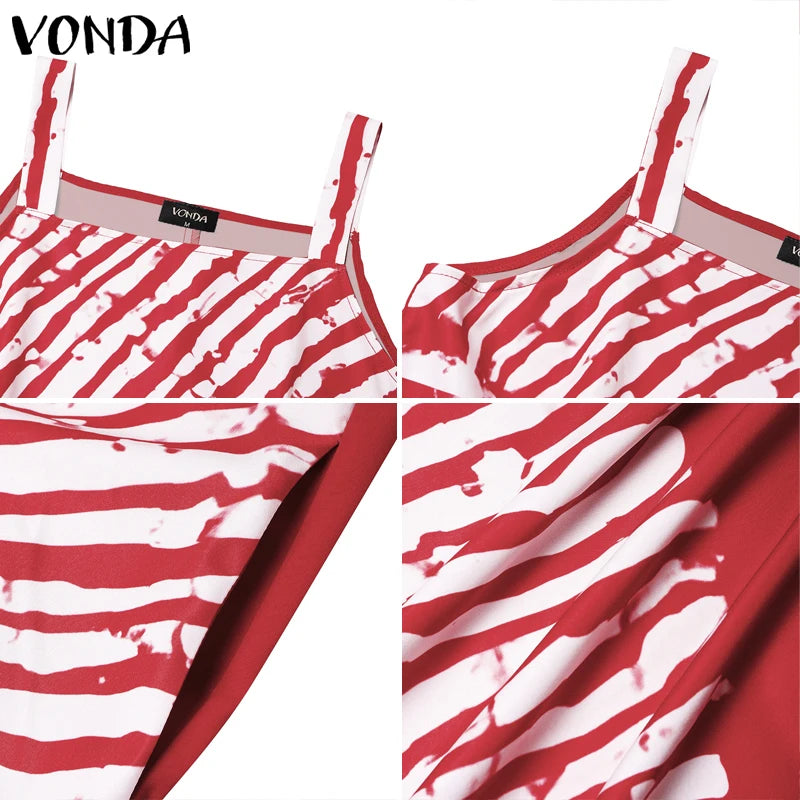 VONDA Plus Size 5XL Summer Bohemian Printed Maxi Dresses Sleeveless Party Beach Sundress Tank Long Vestido Casual Holiday Robe