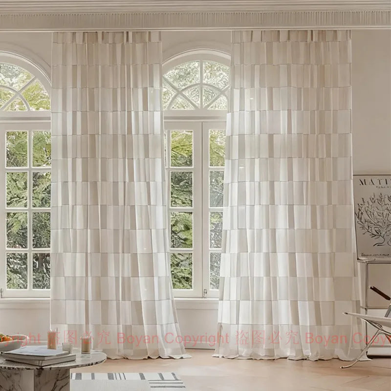 PLAID CHECK SHEER CURTAINS - Linen-Look Voile Tulle Panel - Vintage Grid & Airy