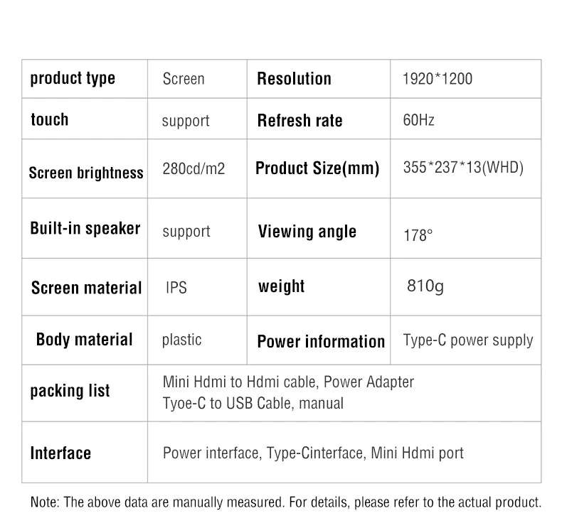 Anmite 16-Inch Portable Touch Monitor Non-touch optional 1200P HDR 16:10 For XBox PS4 / 5 Switch Cell Phone PC Laptop Extension