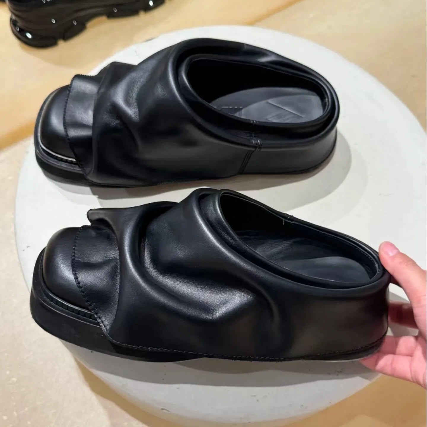 RUCHED PLATFORM - Square Toe Slide Mules - Thick Sole, Height Boost
