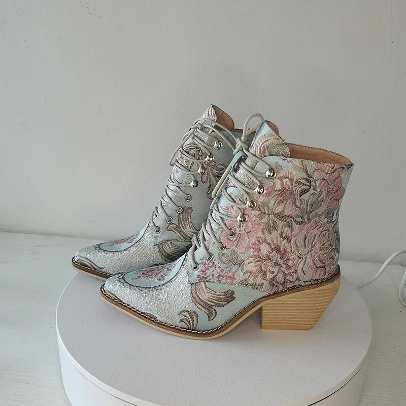 Floral Embroidered Silk Ankle Boots – Statement Heel