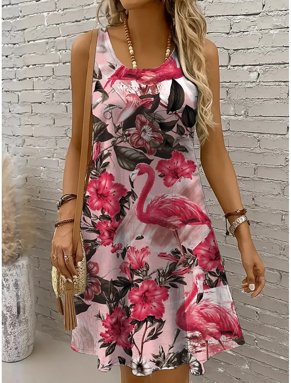 Women's Off Shoulder Sleeveless Crew Neck A-Line Dress,Bird Print,Magenta Pink Purple Orange, Casual Summer Beach Vacation Dress