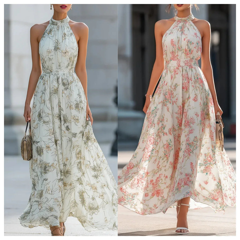 2026 Summer Women's New Style Halter Neck Floral Dress Women's French Style Waist Swing Dress