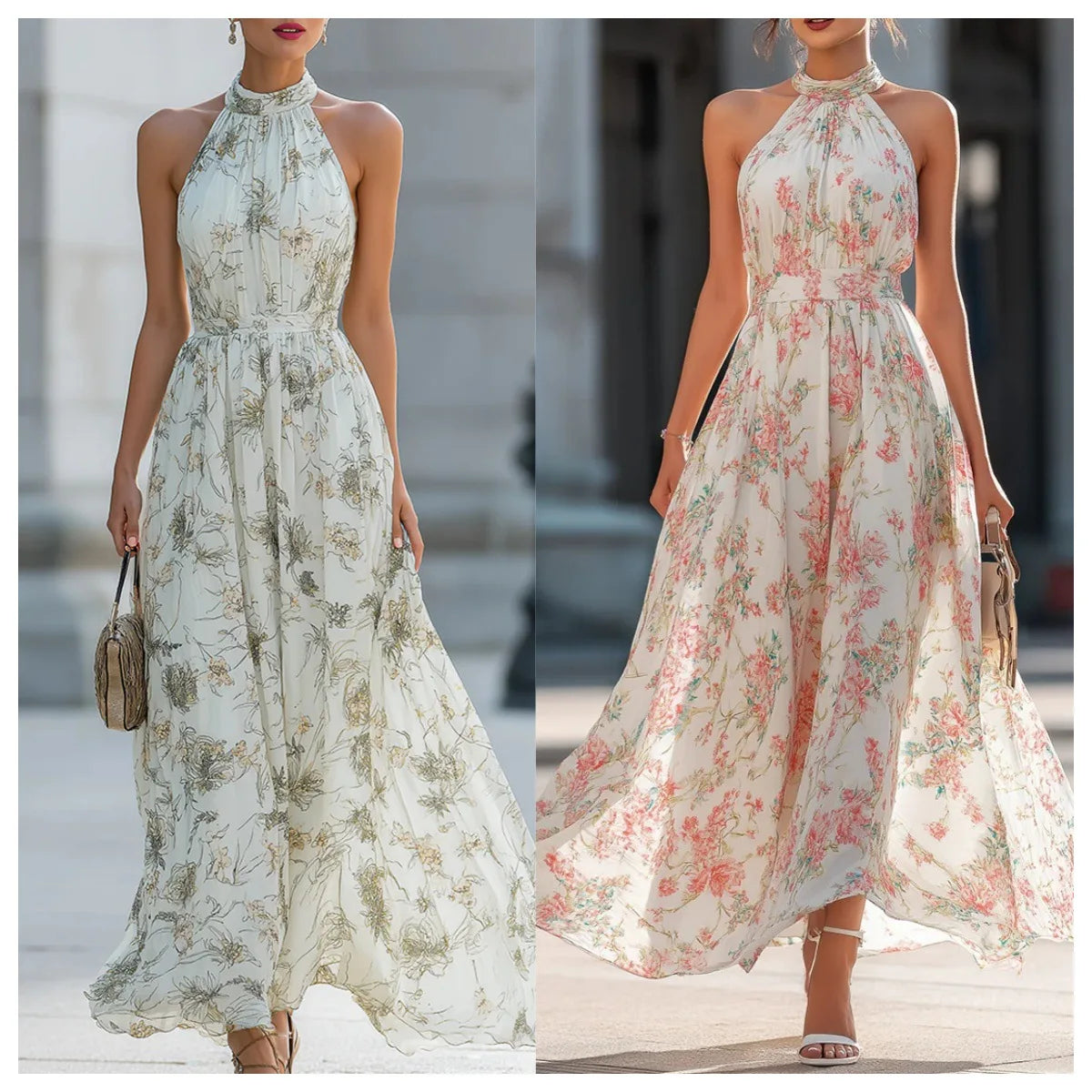 2026 Summer Women's New Style Halter Neck Floral Dress Women's French Style Waist Swing Dress