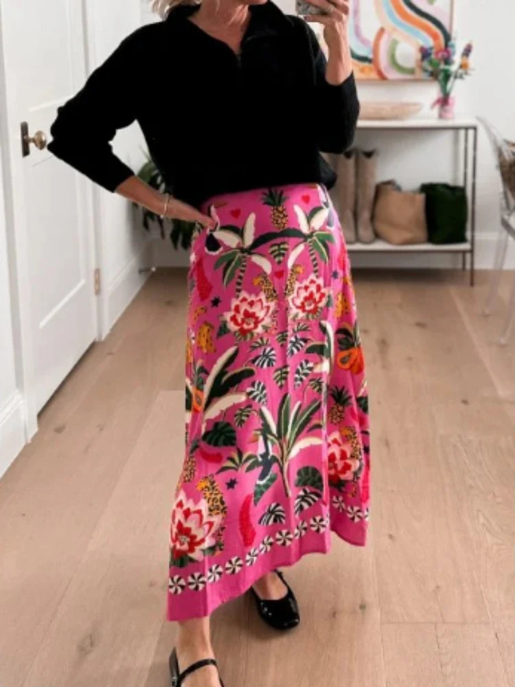 Tropical print midi skirt - retro style, street fashion