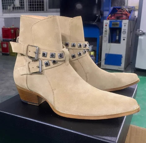 Rivet Chelsea Boots - Buckle Strap Handmade Genuine Leather British Style Pointed Toe
