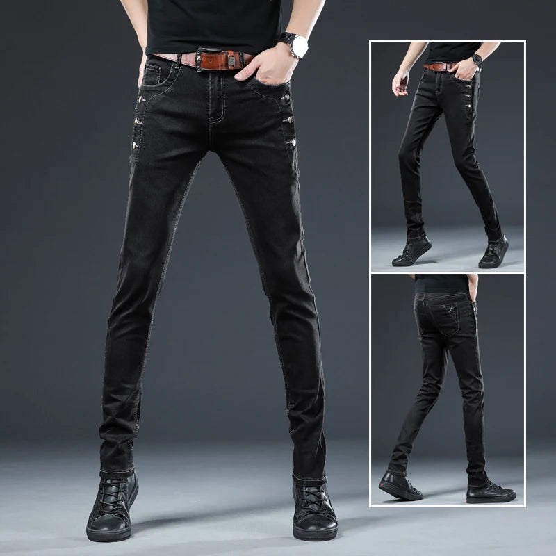 BUTTON SKINNY - Men's Slim Stretch Skinny Jeans Multi-Button - 2 Colors, W28–36