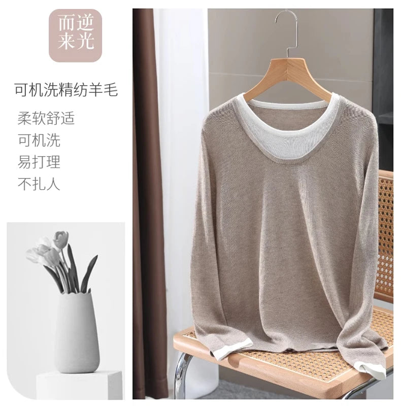 Casual Spring Autumn Women T-Shirts Merino Worsted Wool Female Knitted Pullover Long Sleeve Soft Clothing Tops Thin Outerwear