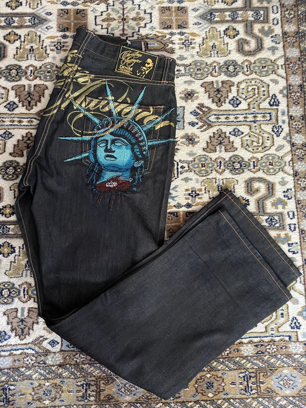 Y2K Vintage Statue of Liberty Rhinestone Jeans - High Waist Wide Leg