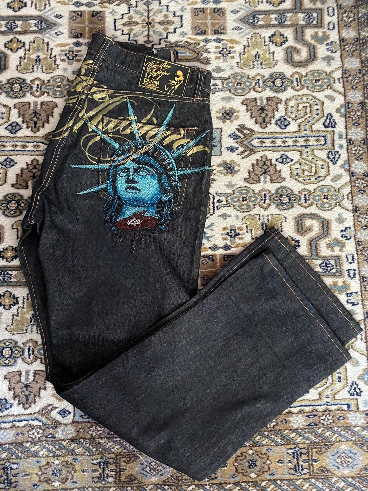 Y2K Vintage Statue of Liberty Rhinestone Jeans - High Waist Wide Leg