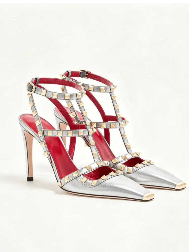 Studded High Heel Sandals – T-Strap Pointed Toe Stiletto Party Heels