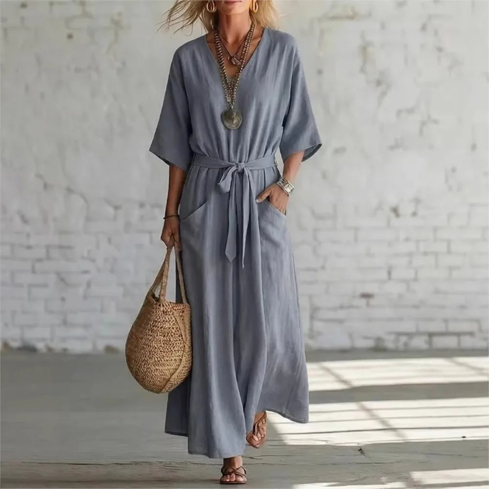 New Summer Elegant Simple Retro Cotton Linen V-neck Women's Dress Casual Mid-sleeve Solid Color Fashion Belt Wide Hem Long Skirt