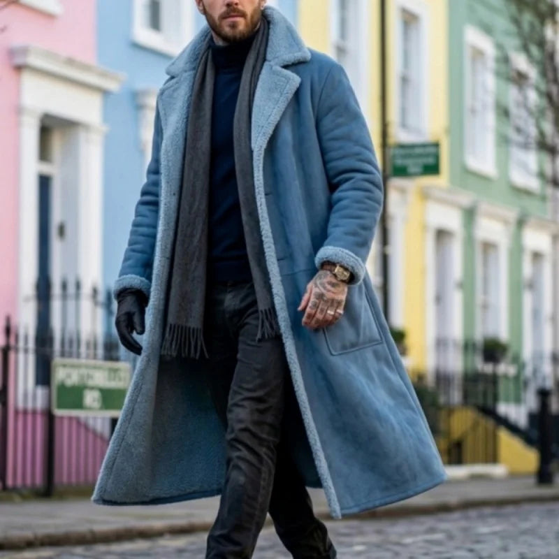 WINTER LONG FLEECE COAT - Men's Windproof Overcoat Turn-Down Collar Single Breasted England Style - Ginger / Burgundy / Black / Sky Blue