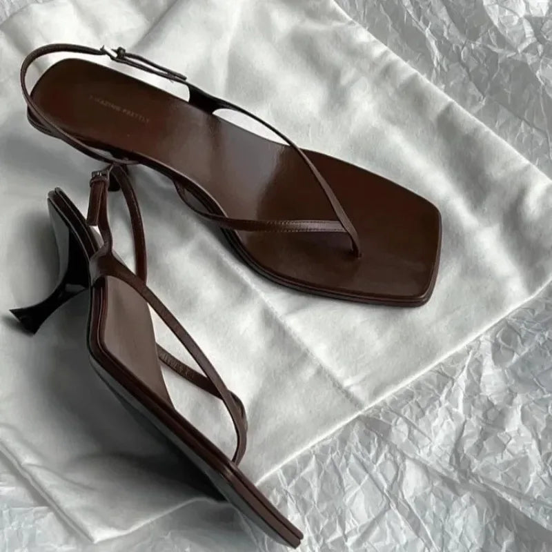Retro Square Toe Clip Toe Sandals Kitten Heel Back Strap Brown Solid Concise French Style Sexy Fashion Women's Shoes Summer Casual