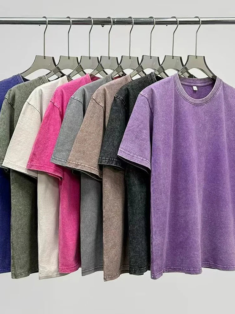 2026 Summer Washed T-Shirts 230G Heavy Cotton Vintage Faded Color Plus Size Unisex Basic Tee Short Sleeve Loose Workout Tops