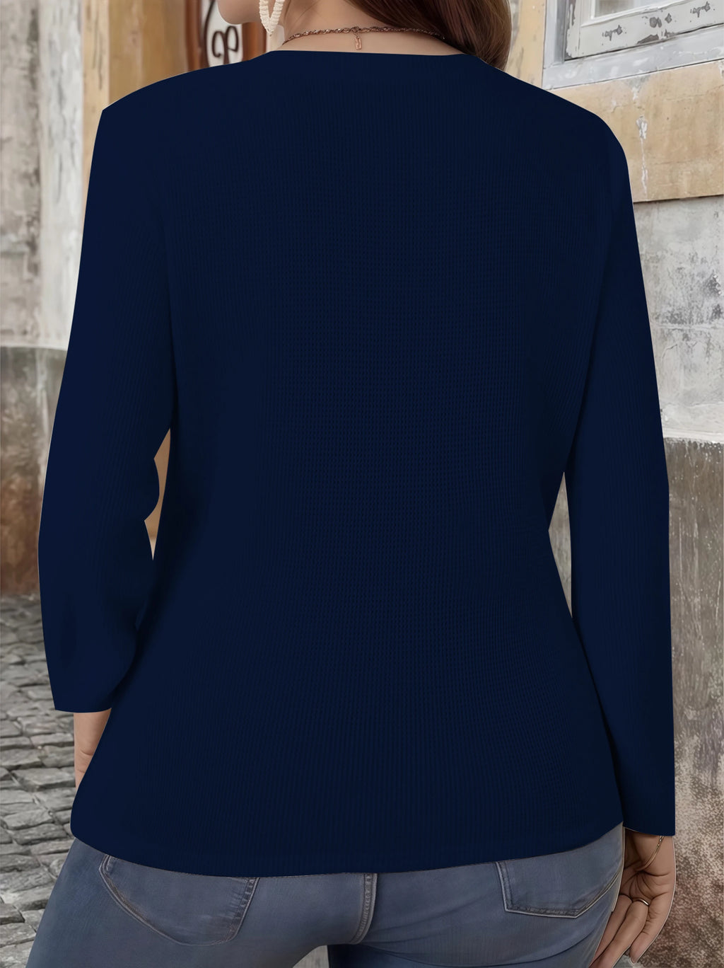 Plus Size Waffle Knit T-Shirt for Women, Elegant V-Neck Button Down Long Sleeve Top, Fall Comfort Fit Blouse